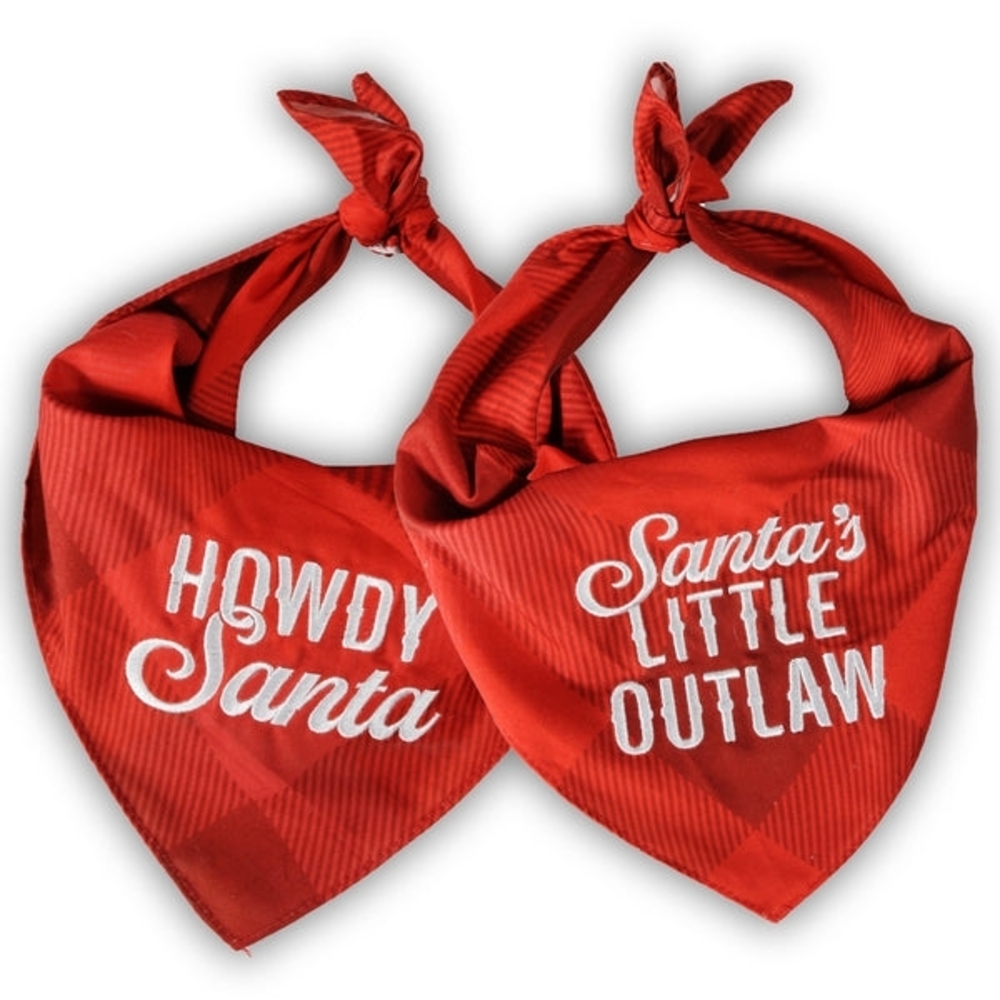 Dog Christmas reversible embroidered bandana Howdy Santa / Little Outlaw pet pup